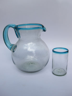 MEXICAN GLASSWARE / 'Aqua Blue Rim' pitcher and 6 drinking glasses set